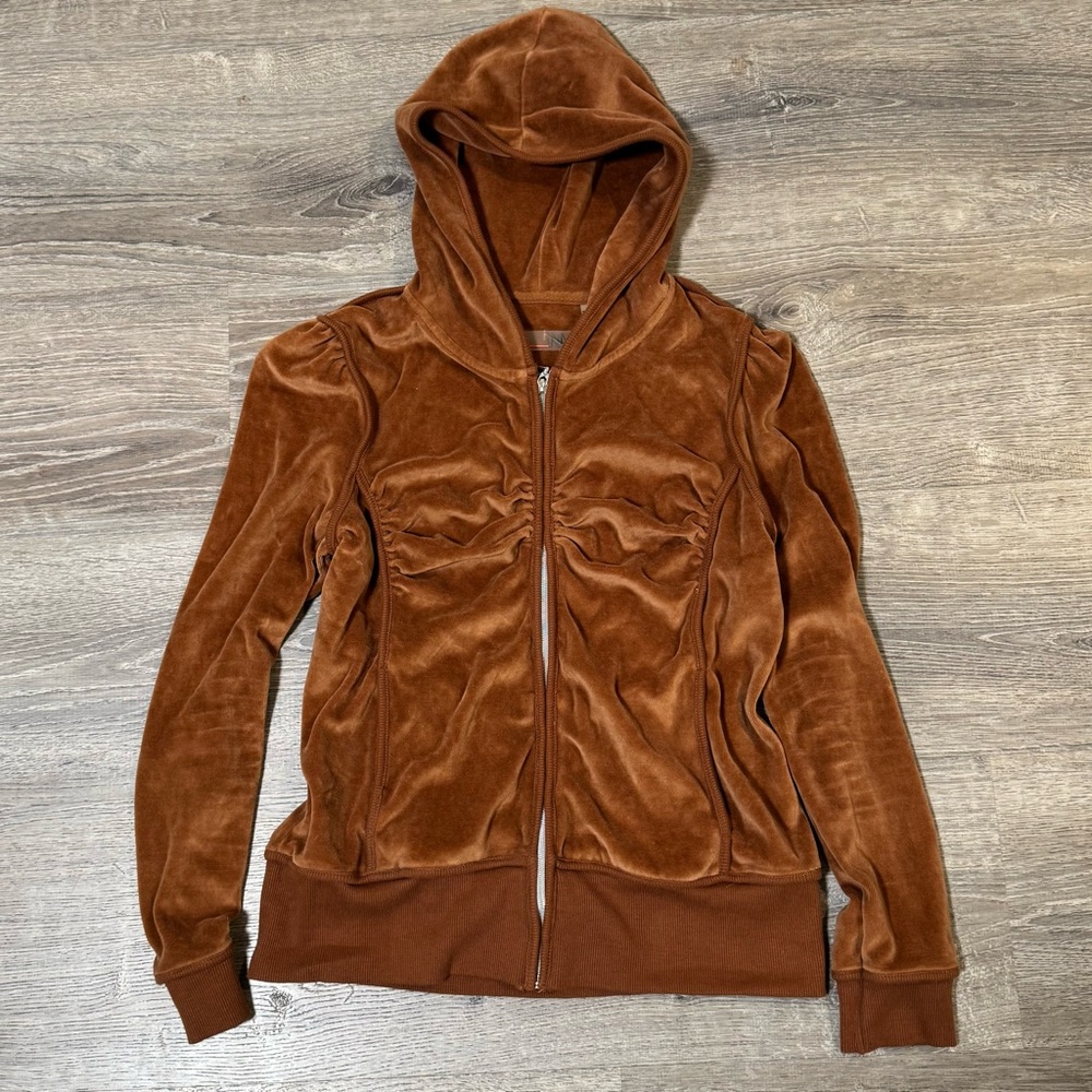 Y2K Neiman Marcus Velour Zip Hoodie Jacket brown 2000s ruffle medium